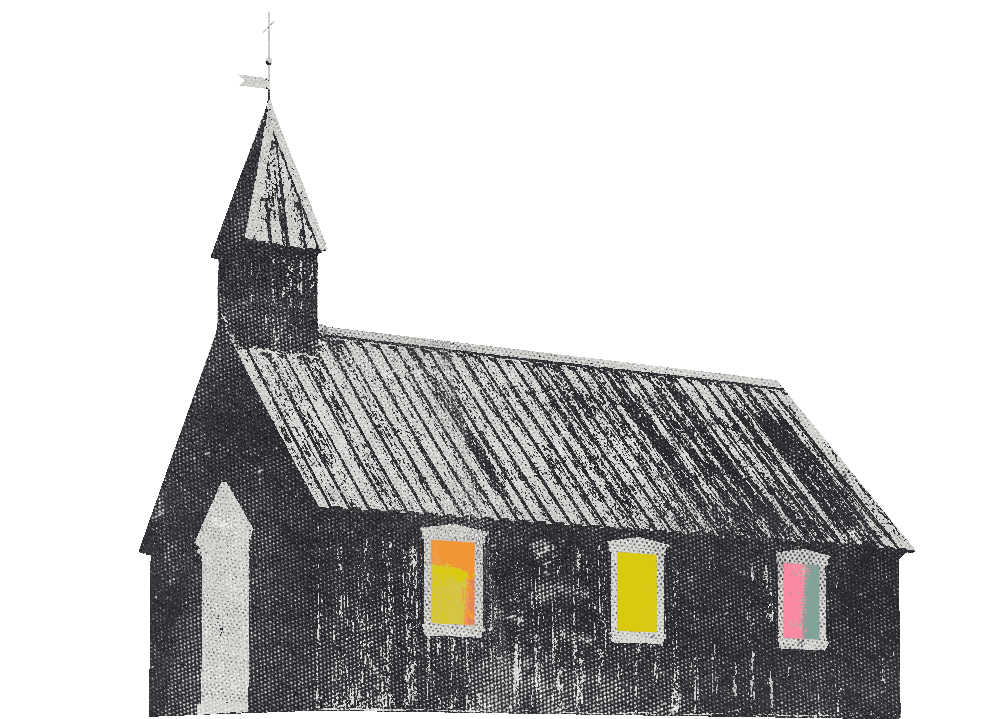 an old southern church in black and white, with colored windows