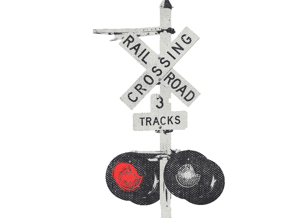 a greyscale railroad sign