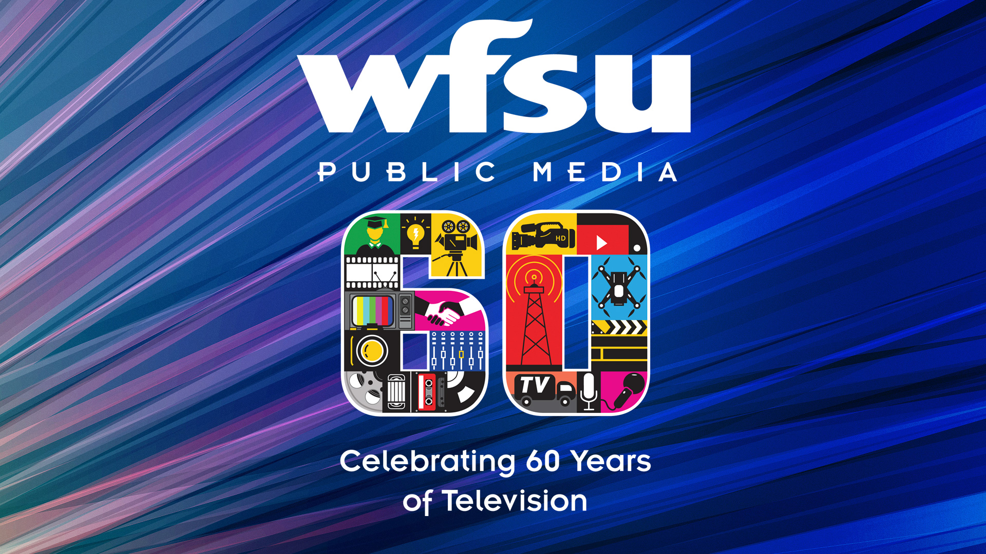WFSU 60th logo over colorful background.