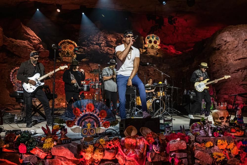 band performing with day of the dead decorations